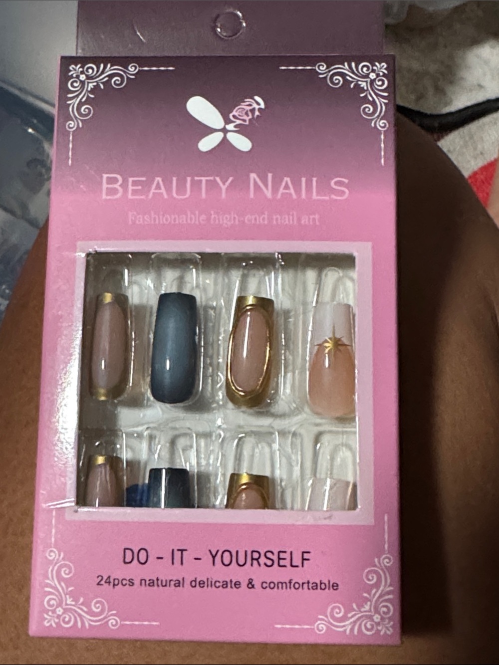 Womens Press-On Nail Set in Nude, Blue & Gold
